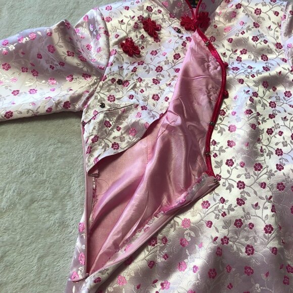 PINK Cherry Blossom Cheongsam Qipao Asian Long Satin Dress Size Small/Medium - Picture 5 of 15